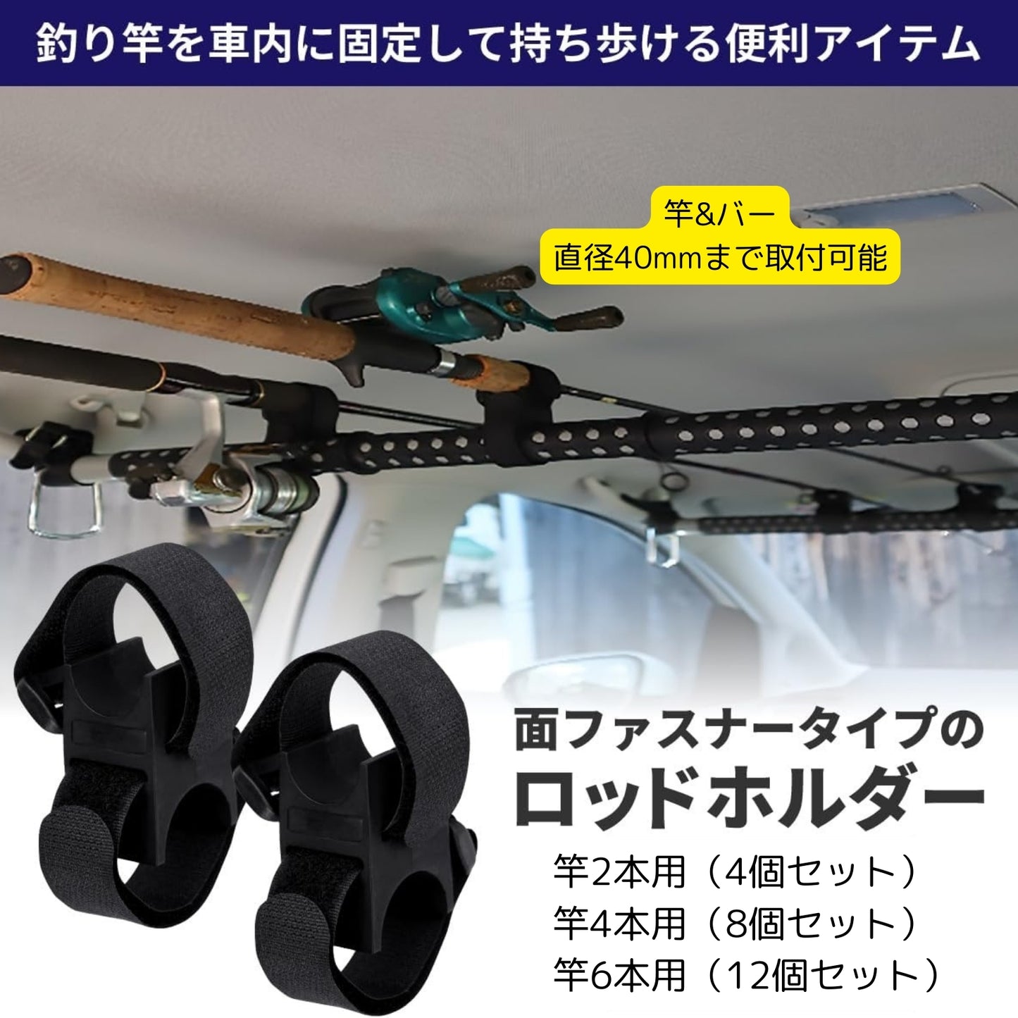 ESFUERZO ロッドホルダー 車 車載 釣り竿 バー取り付け 釣竿が傷付かない 振動に強い 天井 ゴム台座 【竿&バー直径40mmまで取付可能】